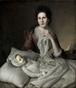 A portrait of Rachel (the wife of Chalres Willson Peale), crying over the body of her daughter Margeret who died of Smallpox.