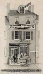 An illustration of Thomas Ellwood Chapman’s Book Store and Book Bindery (74 North Fourth St, Philadelphia). A woman leans forward, looking at the books displayed in the store’s window, while a man walks in through the door to the left. Various signs on the three-story building read, “RAGS BOUGHT,” “BOOK BINDERY,” “T.E. CHAPMAN BOOK SELLER” and “BOOK STORE.”