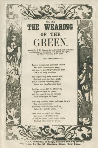 Scan of a ballad sheet titled "The Wearing of the Green". Lyrics are typed in the middle of the page.