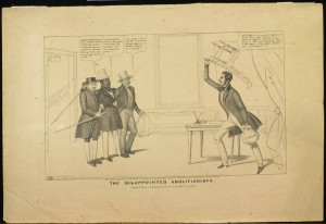 A political cartoon of two white men and one black man cowering while being confronted by an angry white man holding a chair and a bag of money