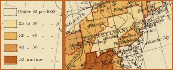 1898 map showing deaths per 100, with Philadelphia in the 30 to 40 range.This 