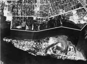 A black and white aerial image of Petty Island and the north shore of Camden