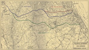 A map showing the three different routes Mid County Expressway planners designed