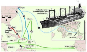 Starting in late 1986, tracking the meanderings of the Philadelphia waste ash aboard the freighter Khian Sea became widespread in the U.S. media. (Published with permission of the Ft. Lauderdale Sun-Sentinel ©2016)