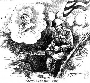 Black line drawing of an American soldier sitting on the edge of his trench during World War I writing a letter to his mother.