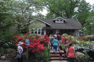 Color photograph of men, women, and children ascending three steps with gardens on either side.