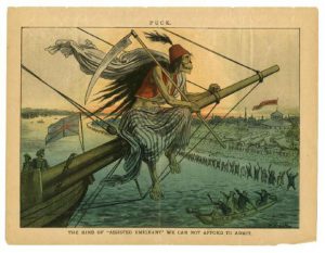 A color political cartoon depicting cholera as a grim reaper figure on the bow of a ship flying British flags