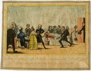 A colored political cartoon of an ill man in bed surrounded by a crowd of doctors and an African American woman