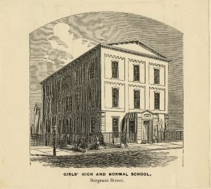 illustration of a three story school house surrounded by a wrought iron fence and pedestrians walking.