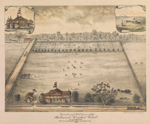 A colored overhead illustration of the Belmont Cricket Club grounds, including the clubhouse, players playing cricket in the field and tennis courts at the back of the grounds behind a line of trees.