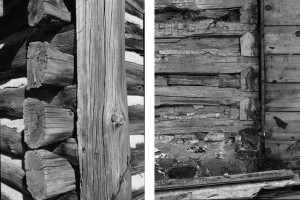 Two black and white photographs depicting two different ways log walls were joined together at the corner.