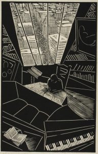 A cubist woodblock print illustrated by Wharton Esherick as a gift to a friend.