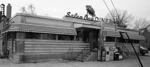 A black and white photograph of the Salem Oak diner in Salem, New Jersey.