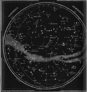 A black and white map of the stars as they may be observed from the northern hemisphere