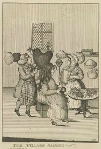 An engraving of an eighteenth century barber styling a powdered wig on a lady.