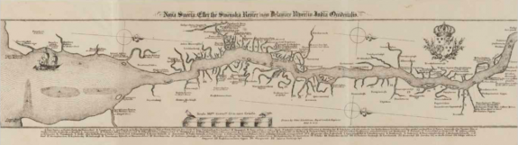 A map of the Delaware River showing the Swedish settlements in 1654