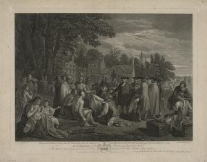A black and white image of William Penn's legendary treaty with the Lenape at Shackamaxon