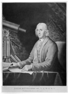 A black and white engraving of David Rittenhouse seated at his desk with telescope and papers