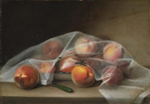 A still-life painting of apparently soft, fuzzy peaches on a tan table beneath a thin, silk, sheer piece of fabric. A black hornet lays atop the center peach and a shiny, metal knife with a green plastic handle sits angled beside it. The white, sheer fabric contrasts starkly from a dark backdrop.