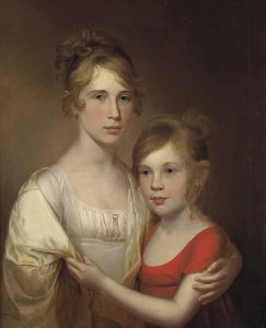 A double portrait of Anna and Margaretta Peale by James Peale. Anna (left) wears a white dress with a yellow-cream-colored shawl draped over her shoulders. Her younger sister Margaretta (right, about 10 years old) grabs the shawl, reaching across. She wears a red dress. Both are pale with rosy cheeks, blue eyes, and blondish-brown hair, not unlike their father. They are set on a background that is similar in tone to their hair, getting darker toward the right and top areas of the painting.