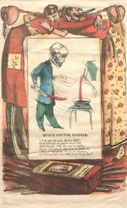 A color political cartoon of a skeleton in doctor's uniform holding a knife and a medical bill in front of a patient's bleeding arm