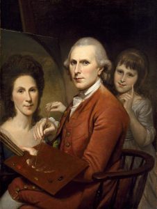 A painting of Charles Willson Peale seated behind an easel, working on a painting of his wife, Rachel Brewer Peale. His daughter stands behind him with her hand on the end of his paintbrush, as the tip of his brush, in hand, touches the paint palette in his other hand, resting on his arm.