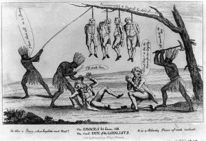 A cartoon showing three Natives Americans, representing America murdering six Loyalists.
