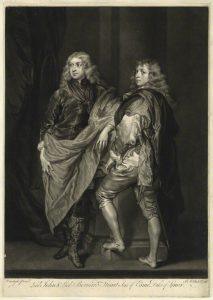 A lithograph (black and white) featuring two lords, the one on the left with a large sash, or cloak, draped across his body and leaning to the right, toward the second figure, who stands facing left (and slightly away) with his left foot placed on a small step. Both lords have curly hair and wear fine dress.