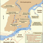 color map showing locations of refineries and historical refinery sites in the Philadelphia area.