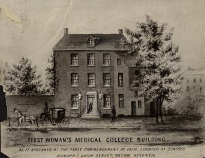 Black and gray illustration depicting the facade of a three story brick building with one figure in the foreground, one figure entering the building, and a horse-drawn carriage passing by.