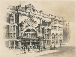 Illustration of the facade of a large, four story building with people on the sidewalk out front and entering the building. The words "B.F. Keith's Bijou Theater" are written above the large entryway.