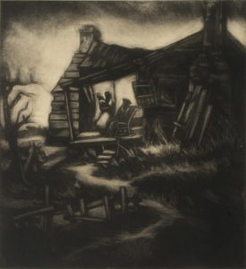 A dark, rich, carborundum print of Thrash's childhood home: a cabin with a slanted roof, a twisting dirt path approaching it, and three figures on the porch. One stands in a dress, holding a child (likely intended to be Thrash) and another sits in a rocking chair. A light shroud surrounds the house.