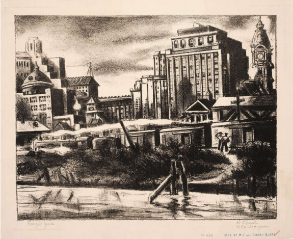 A print that captures two working men standing at the freight yard, the clock tower of city hall can be seen at the right edge. A dirt path and shrubs are in the foreground, with the city in the background.