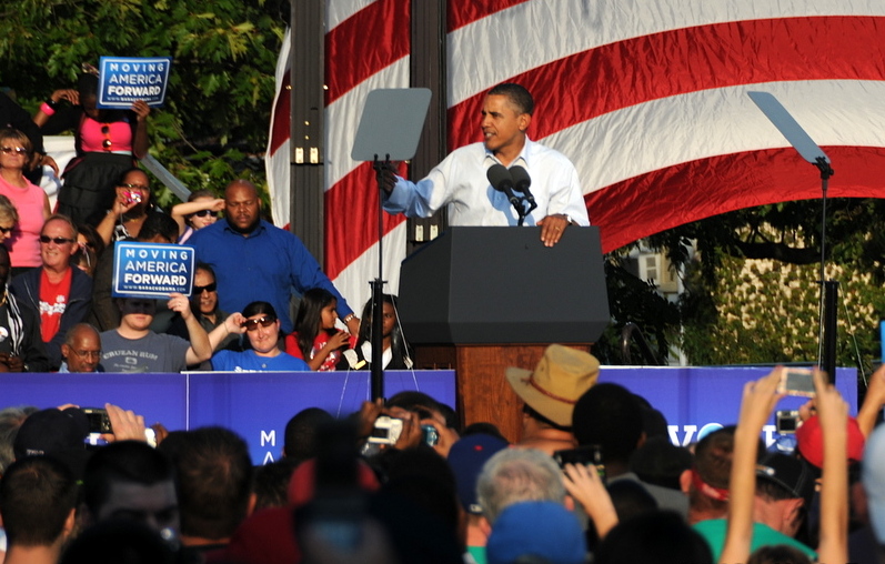 color photograph of President Barack Obama speaking to supporters during a political rally in the Germantown section of Philadelphia on October 10, 2010.