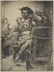 A print of an etching featuring light and dark hatching and cross-hatching. A woman sits on a stool or chair with one leg crossed over the other. She uses a curling iron to curl her black hair. A chair is in the foreground, facing her, and partially obscuring her, and a table is at the back left. Several objects sit atop it, including a small clock.