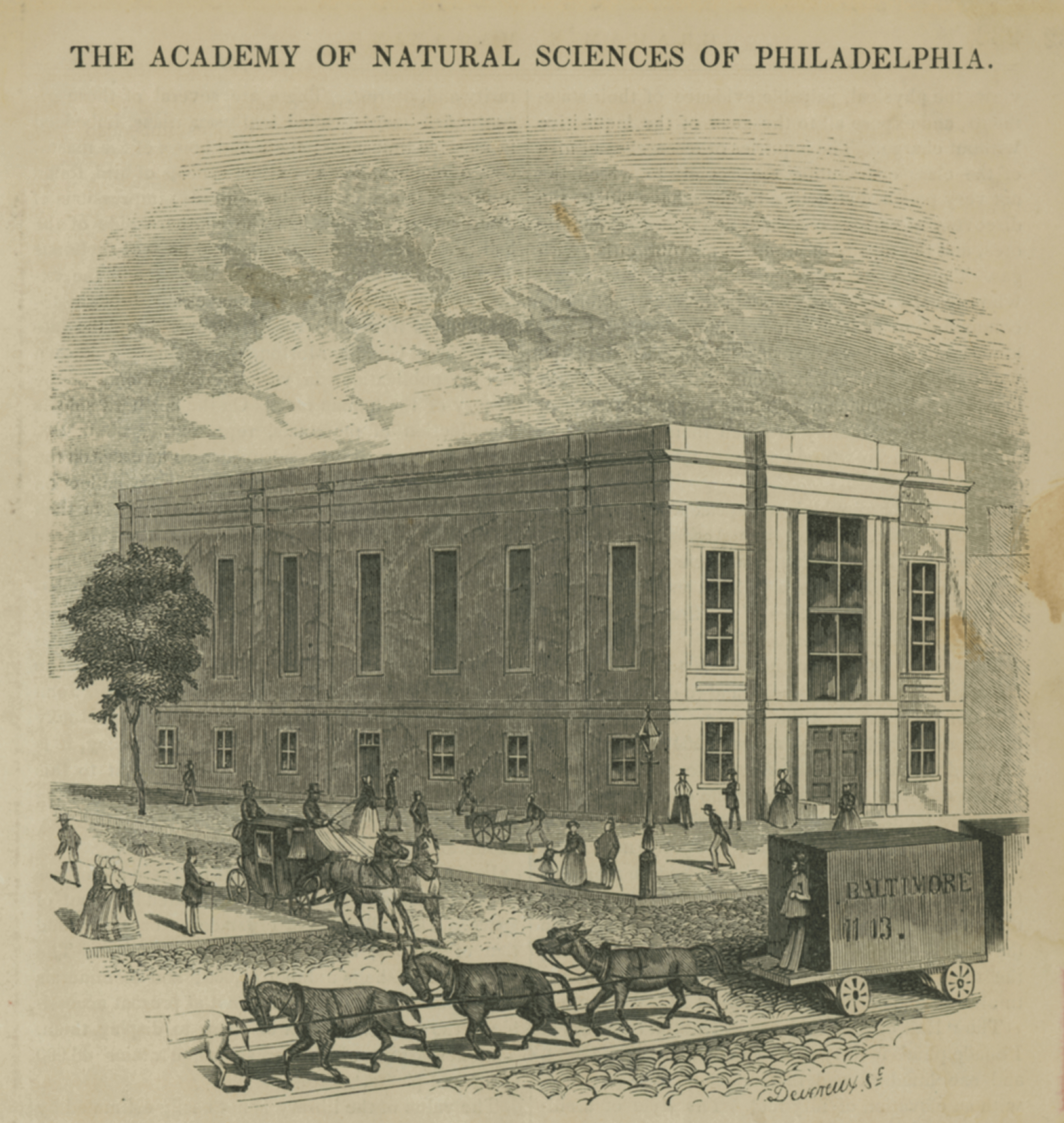 An engraving from a magazine depicting the Broad and Sansom location of the Academy of Natural Sciences.