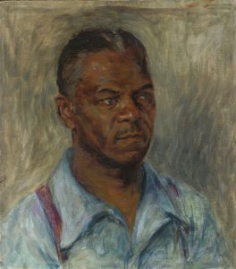 A color, oil self-portrait of the artist in a light blue collared shirt with the top button unbuttoned, and red suspenders. The background is a dull green, composed of wavy, seaweed-like brushstrokes, not unlike impressionist painter Van Gogh's similarly-styled self-portrait. He stares sternly off to the right (at a 45 degree angle). His hair is black, with some grey mixed in.