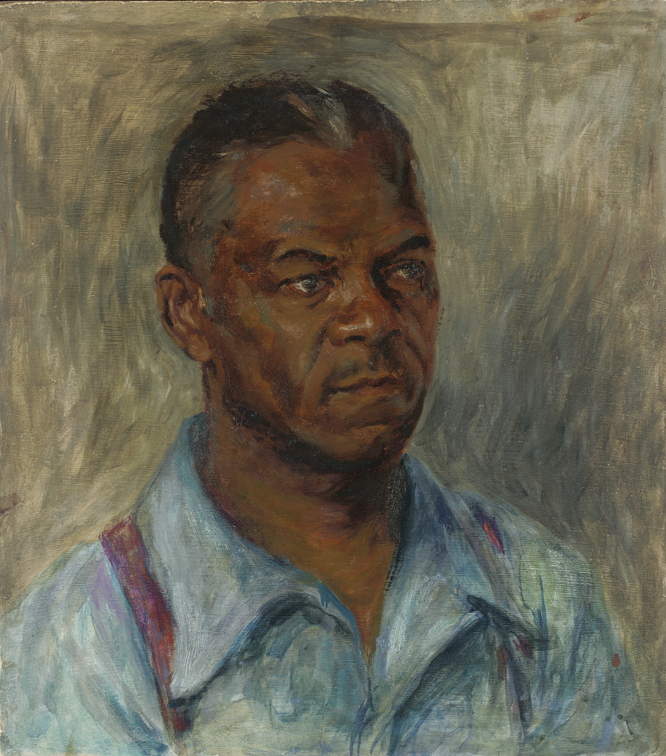 A color, oil self-portrait of the artist in a light blue collared shirt with the top button unbuttoned, and red suspenders.   The background is a dull green, composed of wavy, seaweed-like brushstrokes, not unlike impressionist painter Van Gogh's similarly-styled self-portrait.  He stares sternly off to the right (at a 45 degree angle). His hair is black, with some grey mixed in.