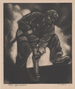 A dark, velvety, charcoal-like carborundum print of a black riveter, perspective from below, garnering a feeling of grandeur and greatness, despite the worker's race and hard-labor job. A big white cloud is behind him, creating a halo-like shroud around him. 