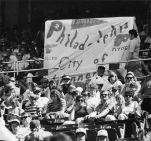 Philadelphia Phillies fans hold a banner that reads 