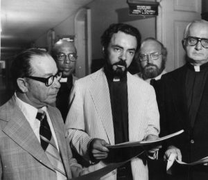 Members of the Clergy United to Save Our Schools, an interfaith community group, hold a press conference outside of City Council offices in City Hall. The members are (from left) Rabbi Pinchos J. Chazin of Temple Sholom; Reverend Gabriel S. Hardeman, representing the A.M.E. churches; Reverend Lawrence Miller Jr., cochairperson of the groups; Burt Siegel, of the Jewish Community Council; and Reverend Joseph Kakalec, president of the Philadelphia Council of Neighborhood Organizations.