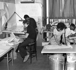 Members of the Mantua Community Planners, seen here in their workshop at 3625 Wallace Street, were (from left) Chuck Baker, David C. Porter, Charles Collins, and Carolyn L. Walker. (Special Collections Research Center, Temple University Libraries)