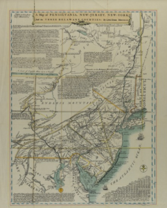 A map of Eastern Pennsylvania and New Jersey with notes about weather and tide patterns