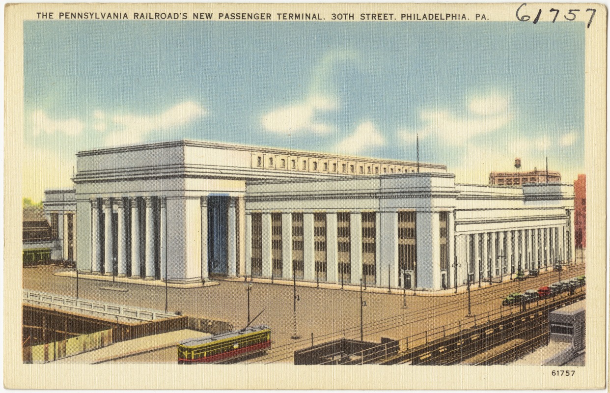 Color illustration of the 30th Street railroad station with a trolley in the foreground.