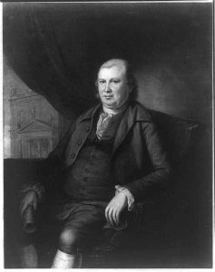 A black and white illustration of Robert Morris, seated, wearing a suit and vest. 