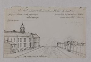 A line drawing of Walnut Street with the prison to the left. The prison is three stories tall and has a prominent cupola.