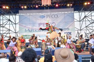 A scene of traditional African dancing portrayed by African performers, at the ACANA festival stage at Penn's Landing.