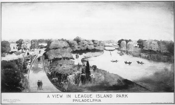 Black and white illustration of a park along a body of water with trees and wide walkways.