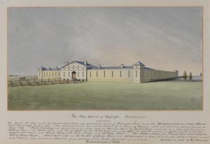 A 1836 watercolor painting by David Johnson Kennedy showing the original House of Refuge in Philadelphia at Fairmount and Ridge Avenues.