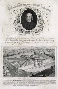 A membership certificate reading "The Pennsylvania Society for Relieving the Miseries of Public Prisons" above a portrait of the first president of the society framed in leaves. Below, an illustration of the eastern state penitentiary from overhead showing radi